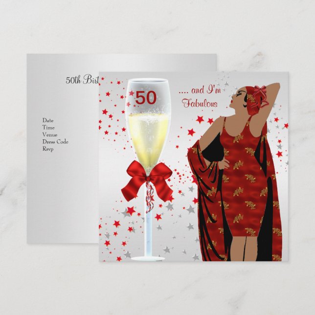 Invitation Fête d'anniversaire 50 ans Rétro Diva Art déco Rou (Devant / Derrière)