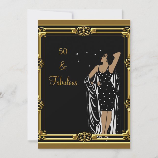 Invitation Fête d'anniversaire 50 ans Rétro Diva déco Noir Bl (Devant)