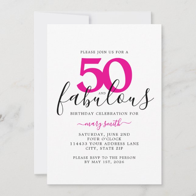 Invitation Fête d'anniversaire 50 ans rose blanc Fifty et Fab (Devant)