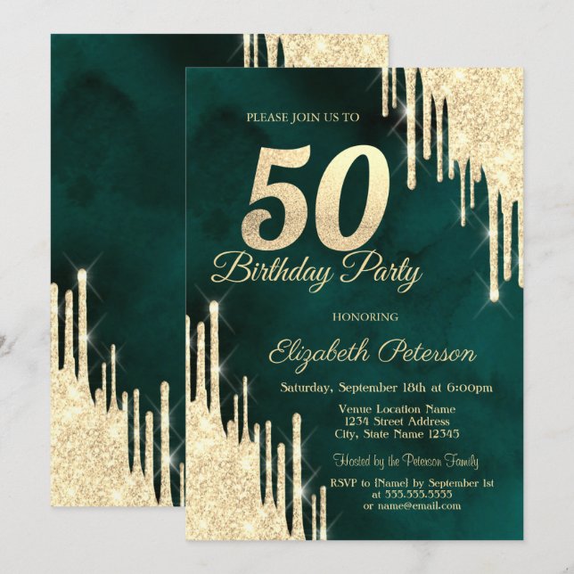 Invitation Fête d'anniversaire 50 ans Rose Gold Glitter Drips (Devant / Derrière)