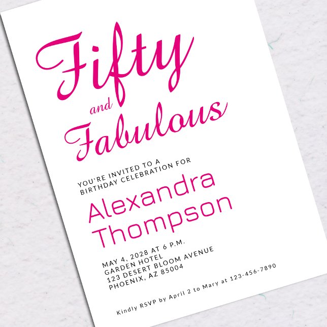 Invitation Fête d'anniversaire 50 ans rose moderne et fabuleu (Créateur téléchargé)