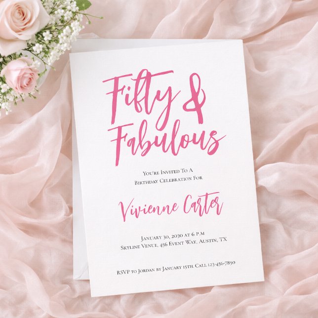 Invitation Fête d'anniversaire 50 ans rose moderne et fabuleu (Fifty & Fabulous Birthday Invitation for 50th Birthday)
