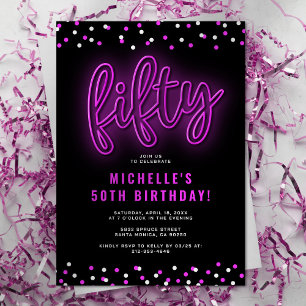 Invitation Fête d'anniversaire 50 ans rose néon adulte