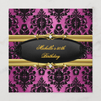 Invitation Fête d'anniversaire 50 ans Rose Or Damas Noir Diam