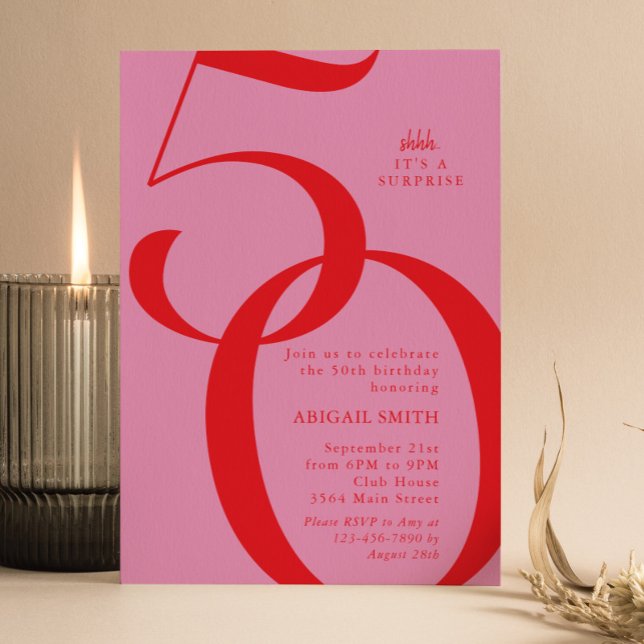 Invitation Fête d'anniversaire 50 ans Rose Rouge Chut C'est u (Créateur téléchargé)