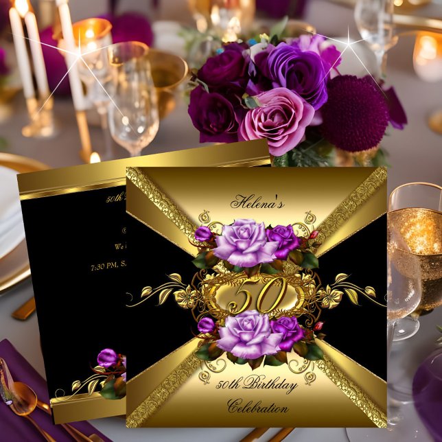 Invitation Fête d'anniversaire 50 ans Roses Violet Or Noir (Créateur téléchargé)