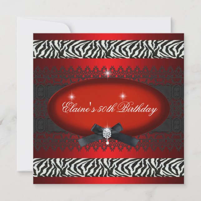 Invitation Fête d'anniversaire 50 ans Rouge Blanc Noir Zèbre (Devant)