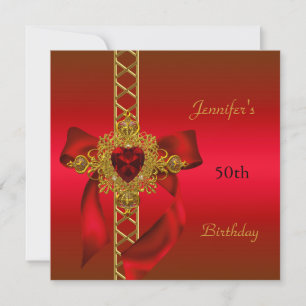 Invitation Fête d'anniversaire 50 ans Rouge Or Cœur Bijou 2