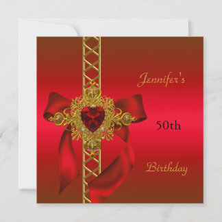 Invitation Fête d'anniversaire 50 ans Rouge Or Cœur Bijou 2