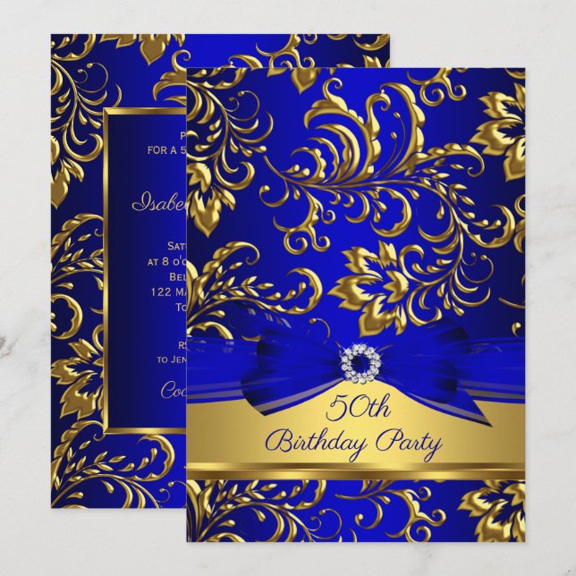 Invitation Fête d'anniversaire 50 ans Royal Blue Gold Damask (Devant / Derrière)