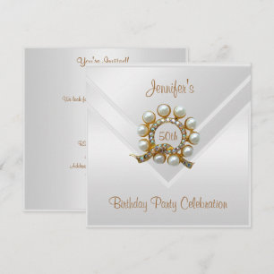 Invitation Fête d'anniversaire 50 ans Soie Blanche Bijou Perl
