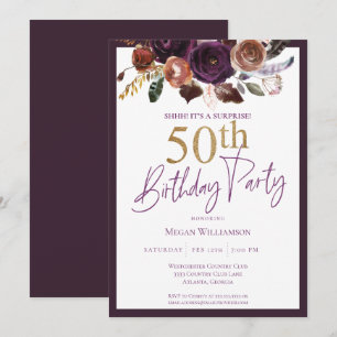 Invitation Fête d'anniversaire 50 ans surprise fleurs violett