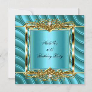 Invitation Fête d'anniversaire 50 ans Teal Blue Gold Curve Di