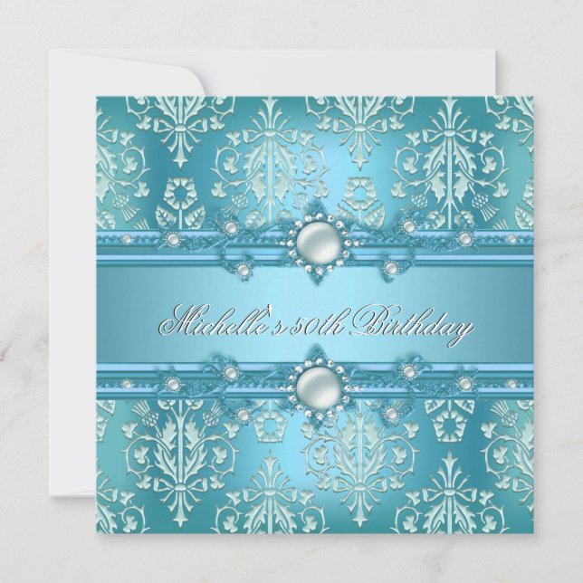 Invitation Fête d'anniversaire 50 ans Teal Blue Pearl Damask  (Devant)