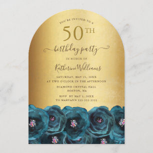 Invitation Fête d'anniversaire 50 ans Teal Rose Floral Gold