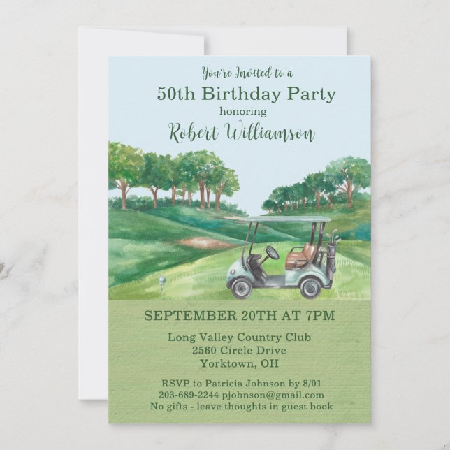 Invitation Fête d'anniversaire 50 ans thème golf hommes  (Devant)