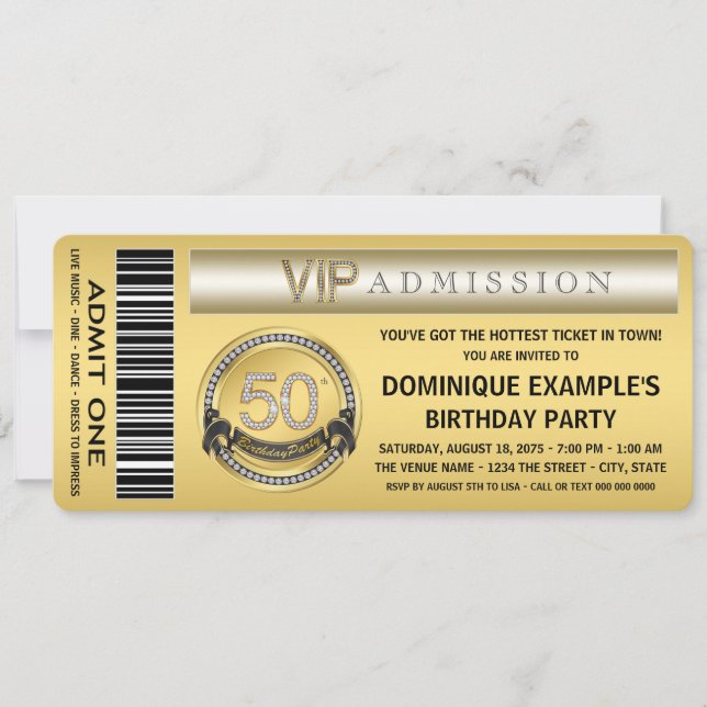 Invitation fête d'anniversaire 50 ans Ticket Or (Devant)