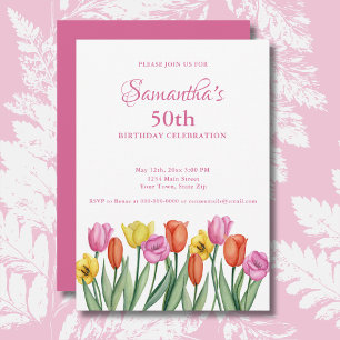 Invitation Fête d'anniversaire 50 ans Tulipes aquarelle