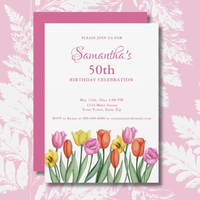 Invitation Fête d'anniversaire 50 ans Tulipes aquarelle (Créateur téléchargé)