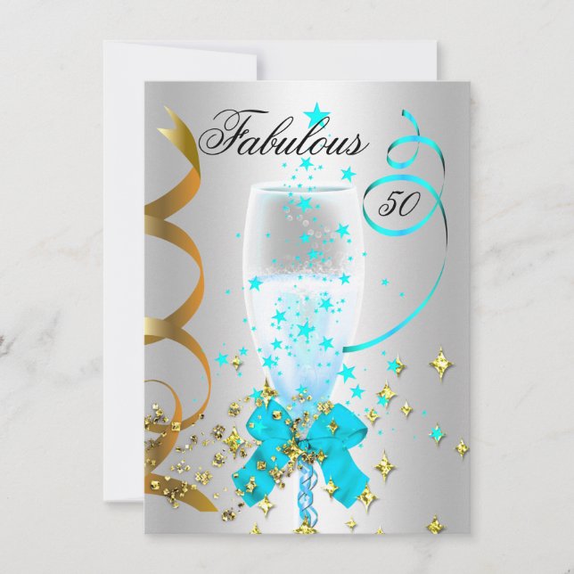 Invitation Fête d'anniversaire 50 ans Turquoise Argent Or (Devant)