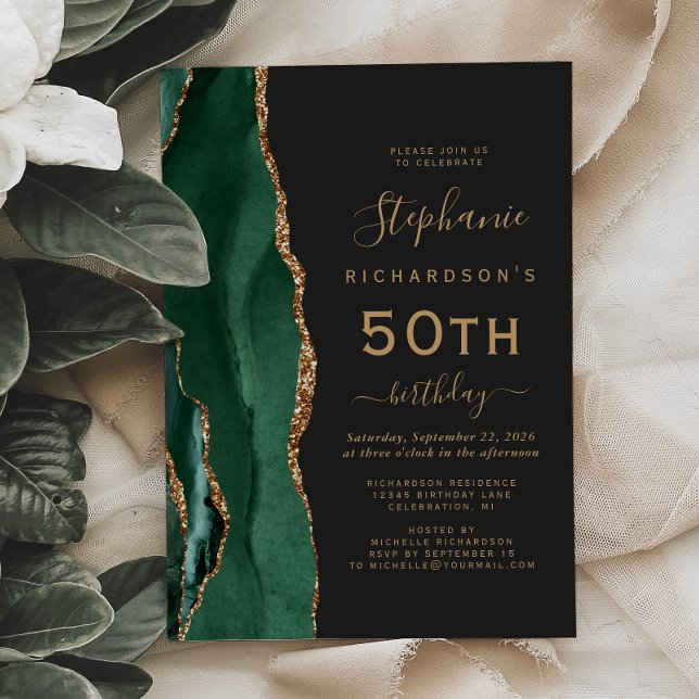 Invitation Fête d'anniversaire 50 ans Vert Émeraude Agate Dor (Créateur téléchargé)