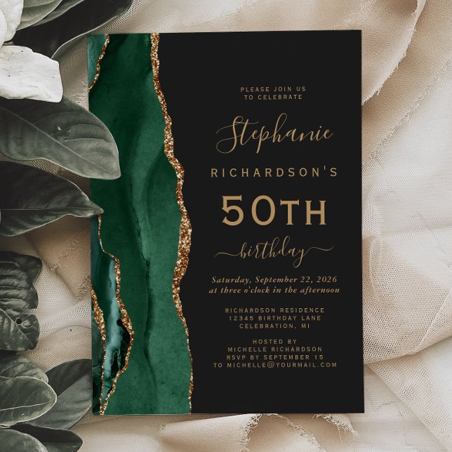 Invitation Fête d'anniversaire 50 ans Vert Émeraude Agate Dor (Créateur téléchargé)