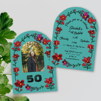 Invitation Fête d'anniversaire 50 ans verte Gribouillis fanta