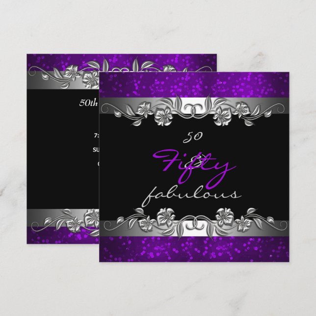 Invitation Fête d'anniversaire 50 ans Violet 50 & Fabuleux (Devant / Derrière)