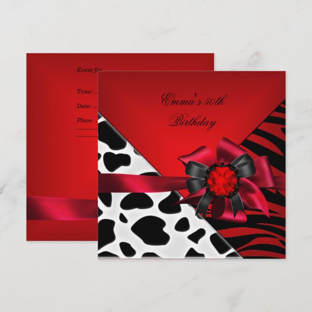 Invitation Fête d'anniversaire 50 ans Zèbre Vache Rouge Noir  (Devant / Derrière)