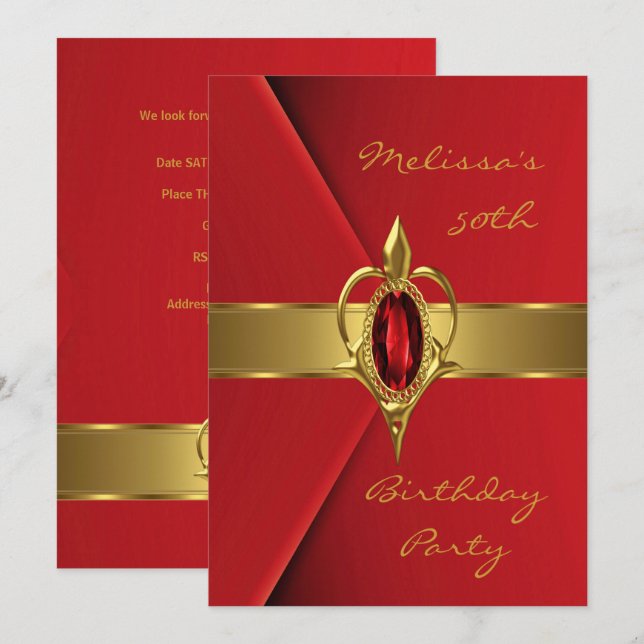 Invitation Fête d'anniversaire 50ème Faux Velours Rouge Perle (Devant / Derrière)