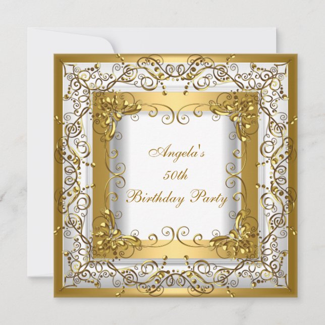 Invitation Fête d'anniversaire 50ème Fleurale Or Blanc (Devant)