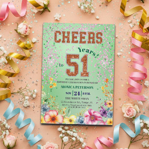 Invitation Fête d'anniversaire 51 ans Floral Pailleté Émeraud