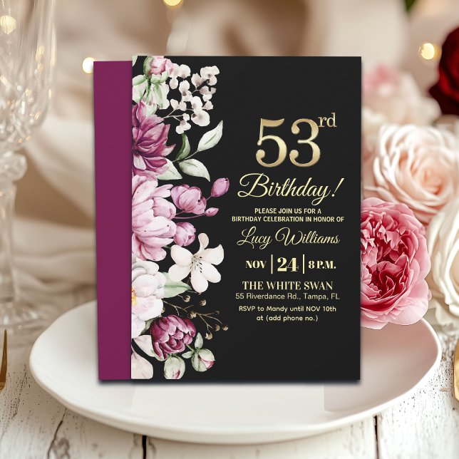 Invitation Fête d'anniversaire 53 Élégante Florale Or (Créateur téléchargé)