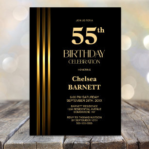 Invitation Fête d'anniversaire 55 ans à rayures dorées noires