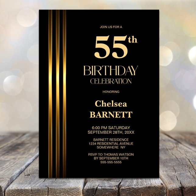 Invitation Fête d'anniversaire 55 ans à rayures dorées noires (Créateur téléchargé)