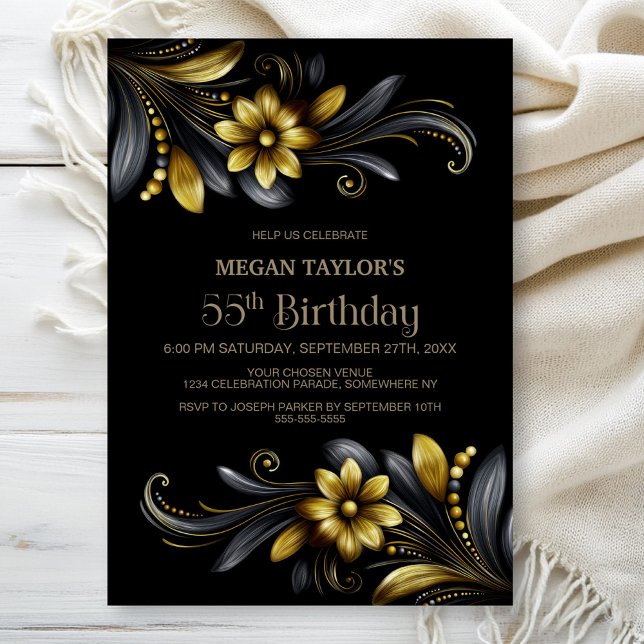 Invitation Fête d'anniversaire 55 ans Black Gold Floral (Créateur téléchargé)