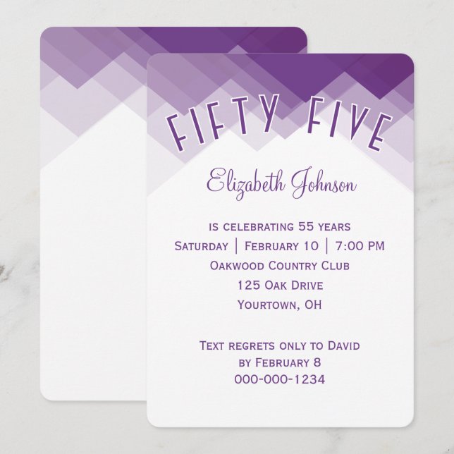Invitation Fête d'anniversaire 55 ans Bordure violette et bla (Devant / Derrière)