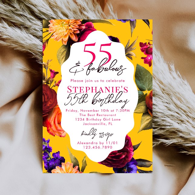 Invitation Fête d'anniversaire 55 ans Jaune Floral 55 & Fabul (Créateur téléchargé)