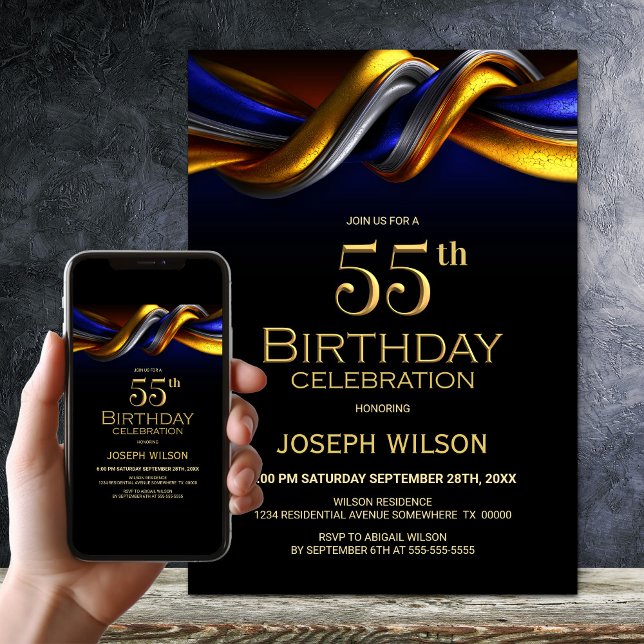 Invitation Fête d'anniversaire 55 ans moderne bleu et or (Créateur téléchargé)