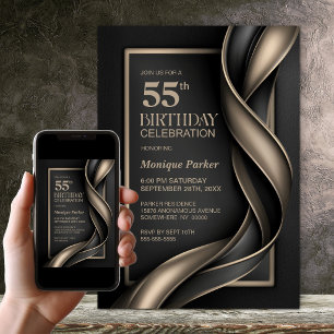 Invitation Fête d'anniversaire 55 ans moderne noir et beige