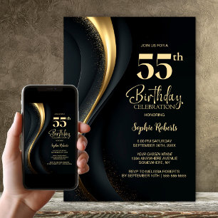Invitation Fête d'anniversaire 55 ans noir et or