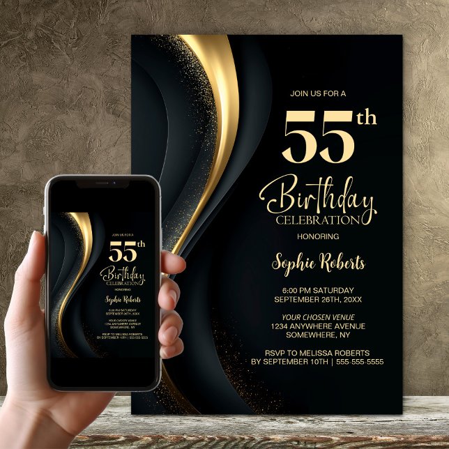 Invitation Fête d'anniversaire 55 ans noir et or (Créateur téléchargé)