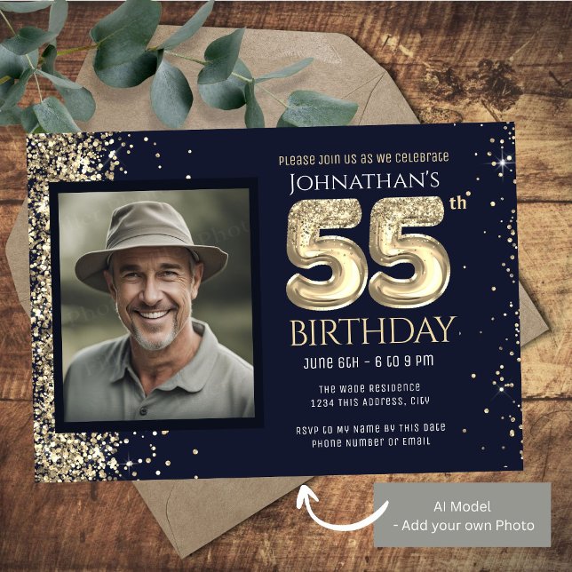 Invitation Fête d'anniversaire 55 ans Or Bleu (Créateur téléchargé)