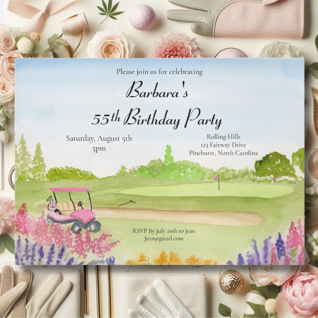 Invitation Fête d'anniversaire 55 ans Panier de golf rose Par (Créateur téléchargé)
