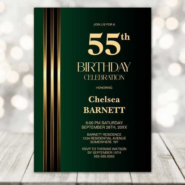 Invitation Fête d'anniversaire 55 ans rayures dorées noir ver (Créateur téléchargé)