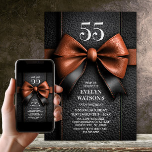 Invitation Fête d'anniversaire 55 ans Ruban en Cuir Brun