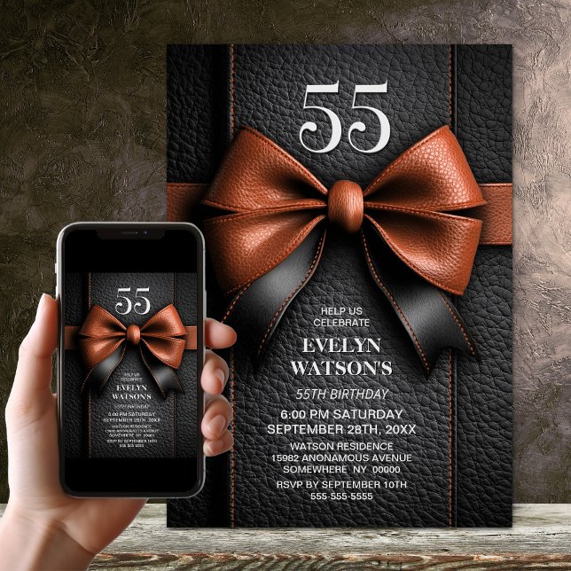 Invitation Fête d'anniversaire 55 ans Ruban en Cuir Brun (Créateur téléchargé)