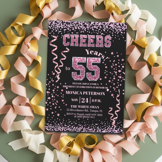 Invitation Fête d'anniversaire 55 ans Strass Rose Pailleté (Créateur téléchargé)