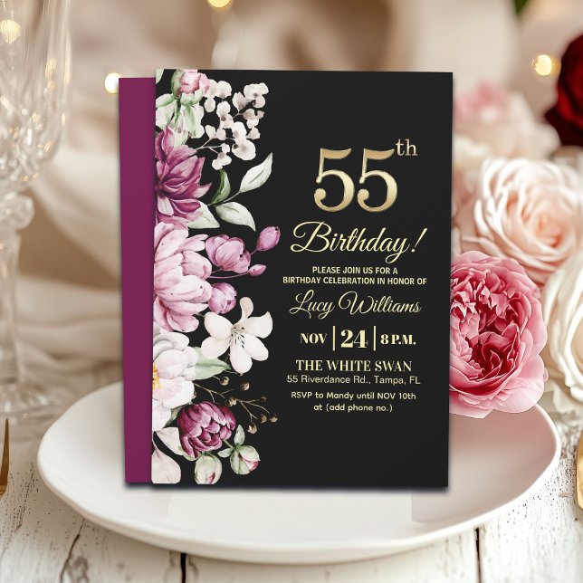 Invitation Fête d'anniversaire 55 Élégante Florale Or (Créateur téléchargé)