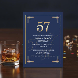 Invitation Fête d'anniversaire 57 ans Elegant Blue Gold